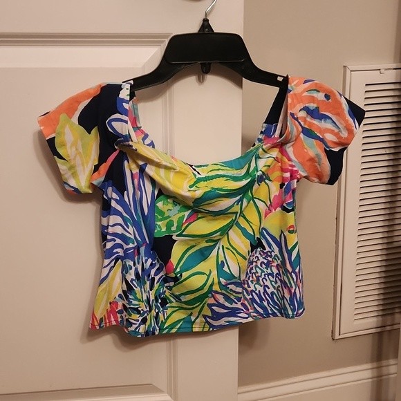 Lilly Pulitzer "Travelers Palm" Off-Shoulders Shirt In Resort Navy Size S Nwt